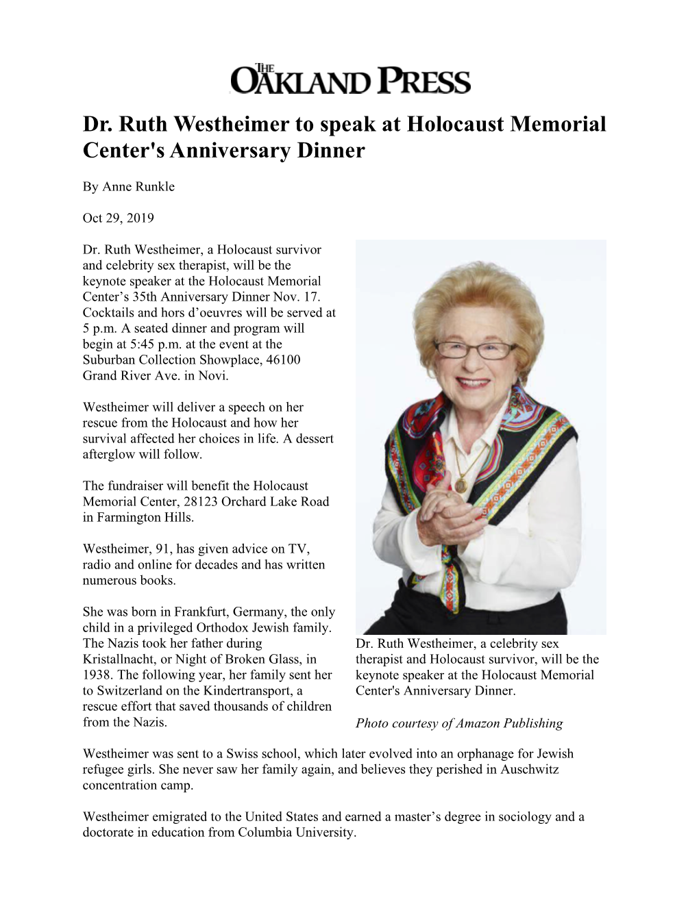 Dr. Ruth Westheimer to Speak at Holocaust Memorial Center's Anniversary Dinner