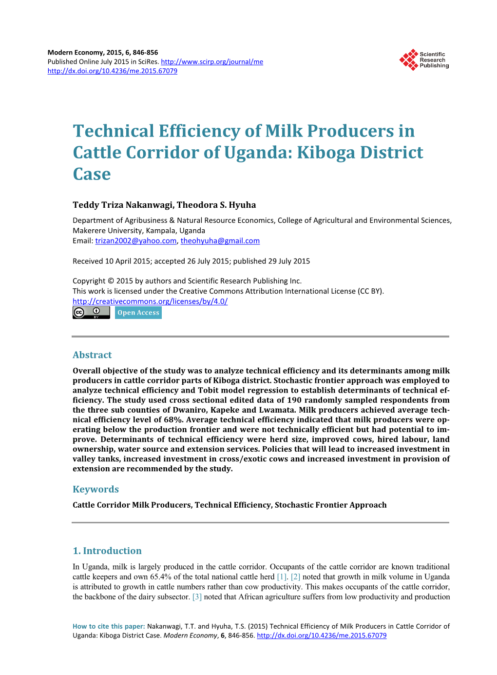 Technical Efficiency of Milk Producers in Cattle Corridor of Uganda: Kiboga District Case