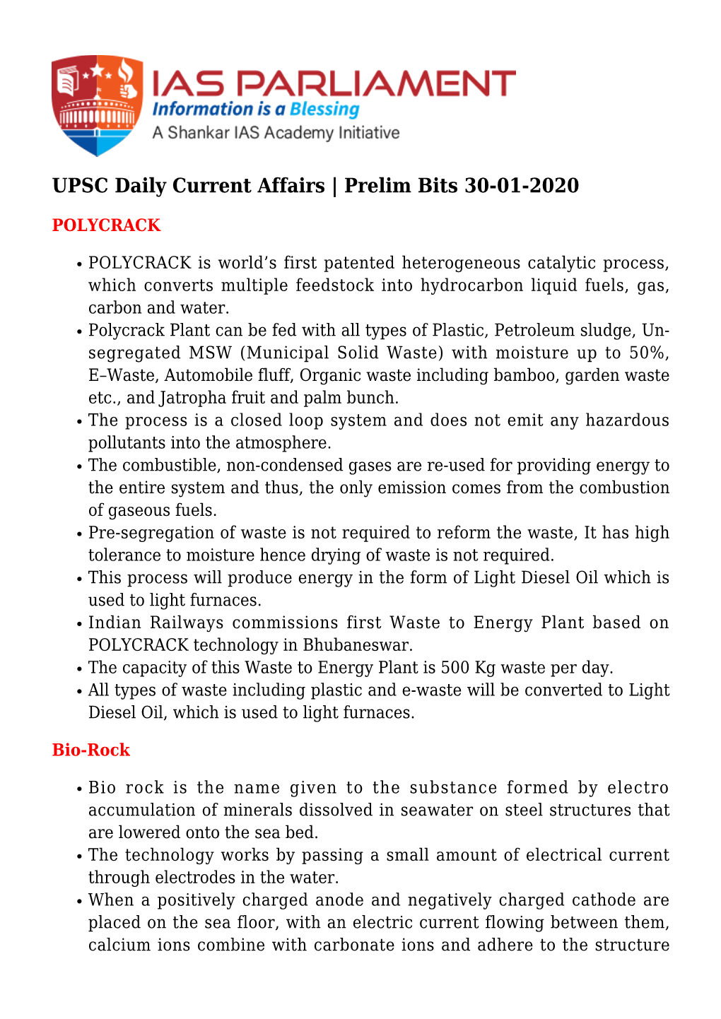 UPSC Daily Current Affairs | Prelim Bits 30-01-2020