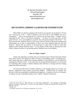 Developing Middos: Learned Or Experienced?*