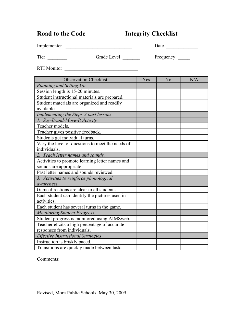 EIR (Early Intervention in Reading) Grade 1- Fidelity Checklist