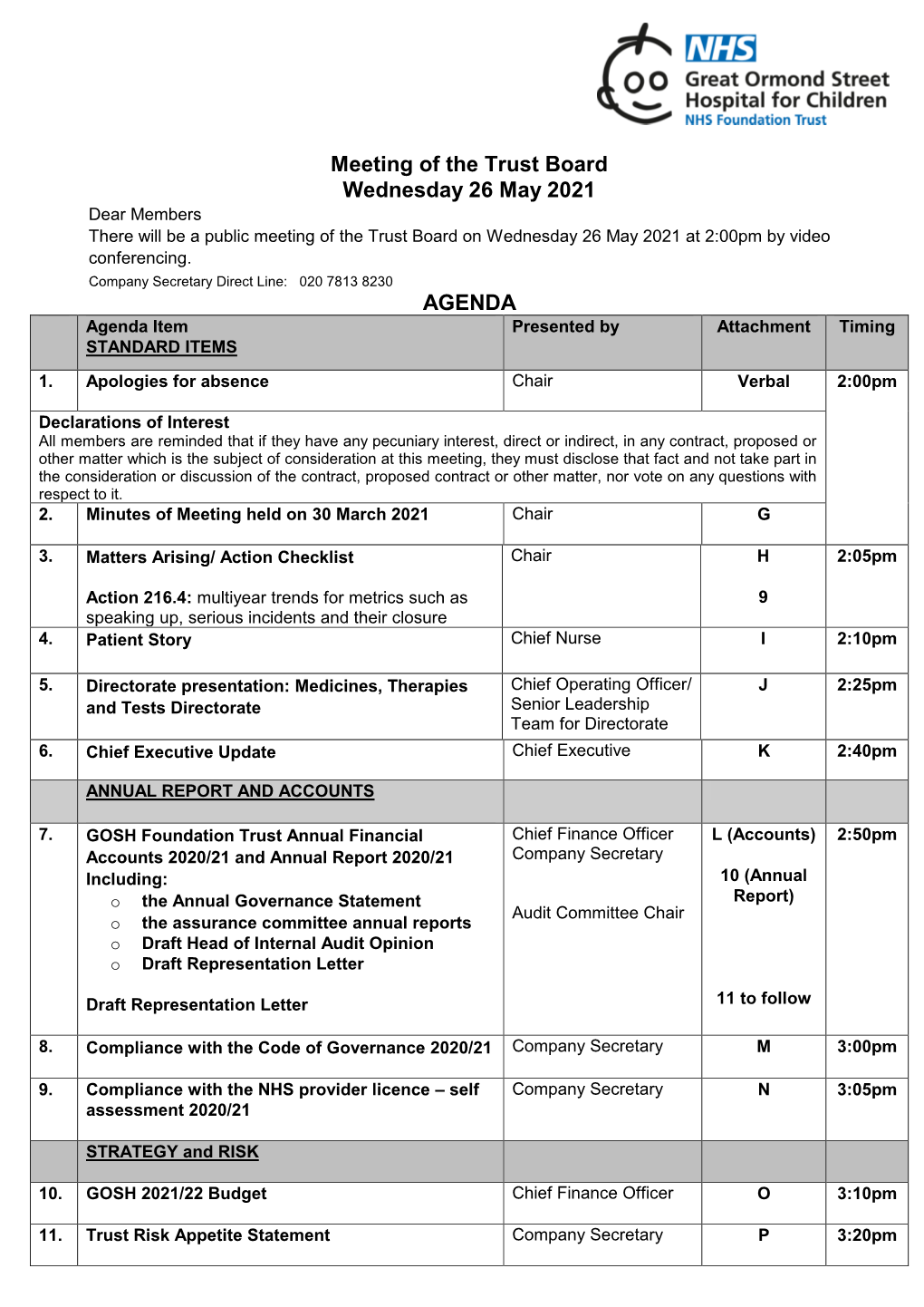 Meeting of the Trust Board Wednesday 26 May 2021 AGENDA