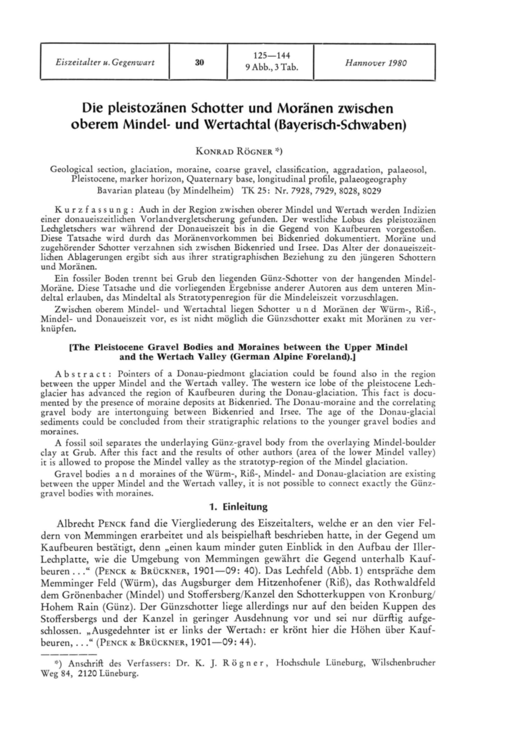 Die Pleistozänen Schotter Und Moränen Zwischen Oberem Mindel- Und Wertachtal (Bayerisch-Schwaben)