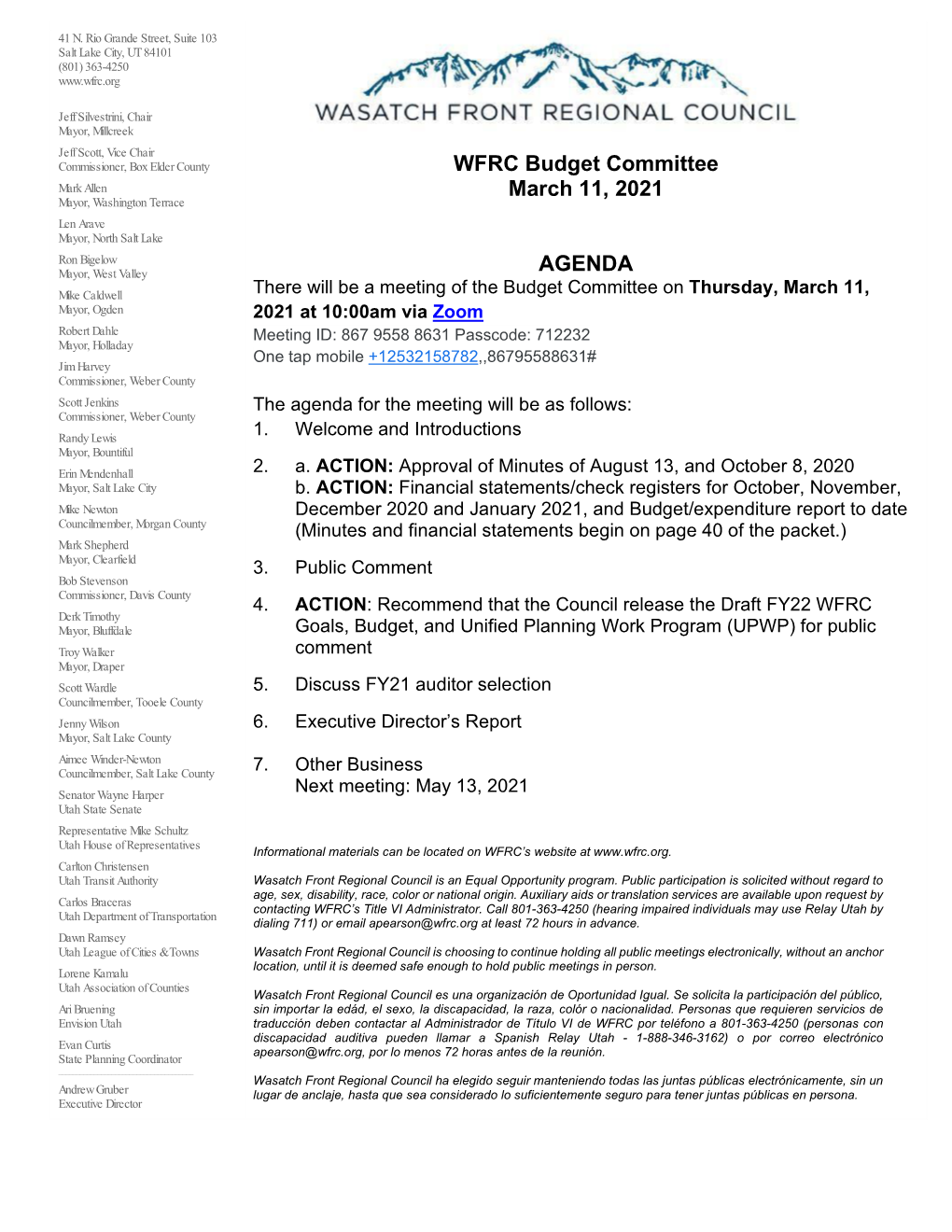 WFRC Budget Committee March 11, 2021 AGENDA