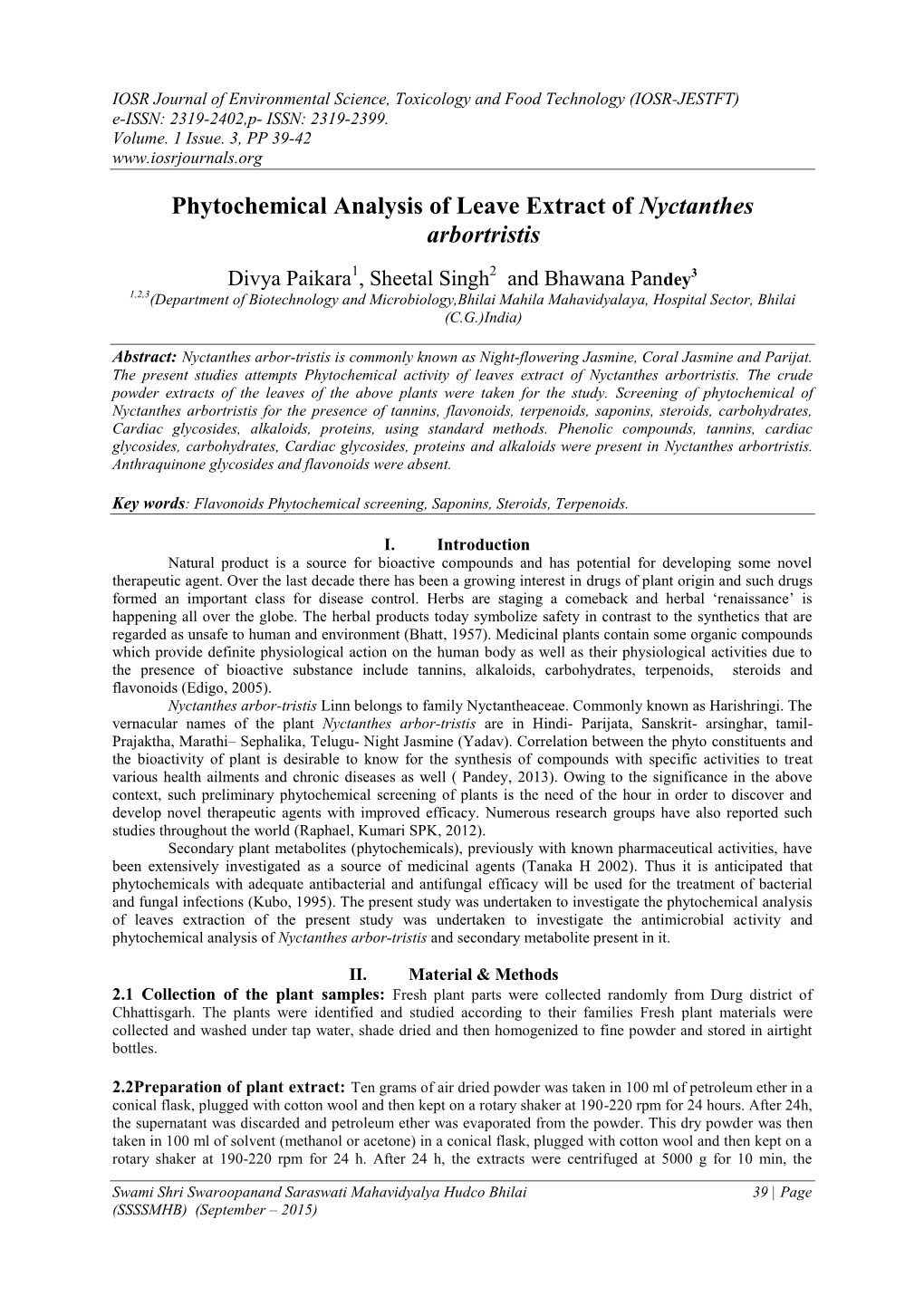 Phytochemical Analysis of Leave Extract of Nyctanthes Arbortristis