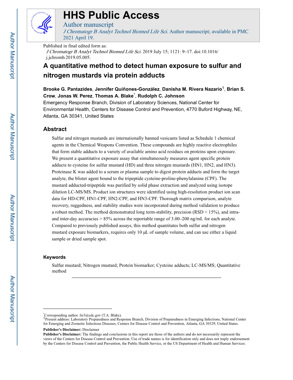 A Quantitative Method to Detect Human Exposure to Sulfur and Nitrogen Mustards Via Protein Adducts