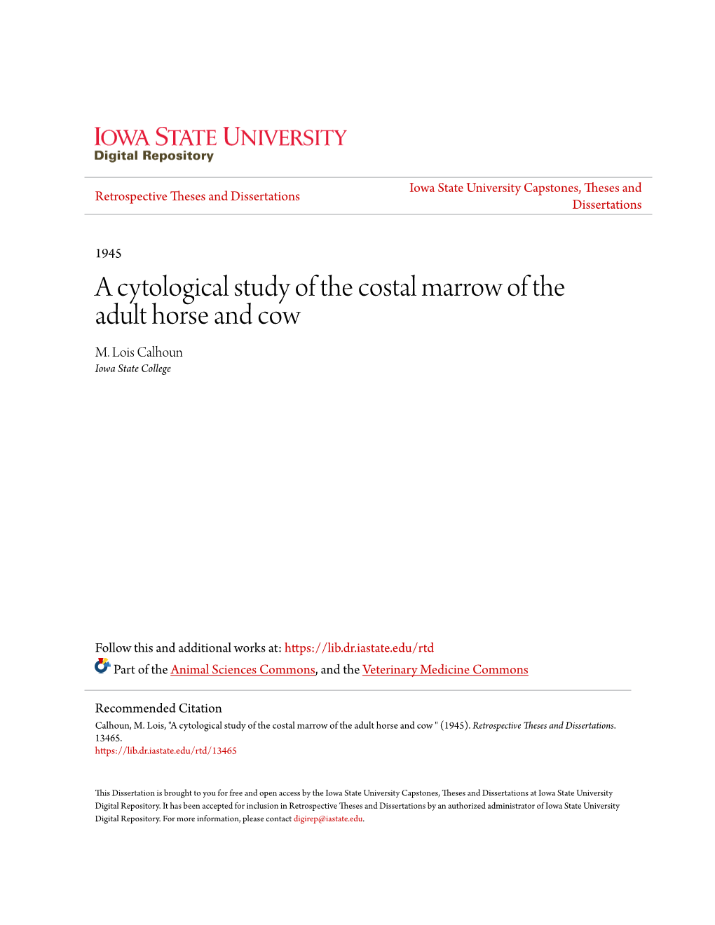 A Cytological Study of the Costal Marrow of the Adult Horse and Cow M