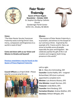 Pater Noster Fraternity Queen of Peace Region Newsletter – October 2020 St