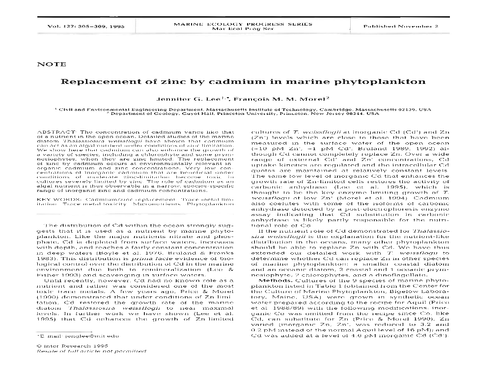 Replacement of Zinc by Cadmium in Marine Phytoplankton