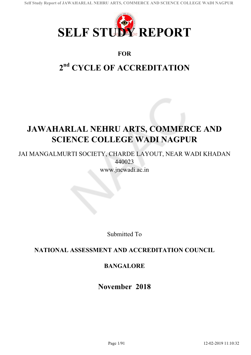 Self Study Report of JAWAHARLAL NEHRU ARTS, COMMERCE and SCIENCE COLLEGE WADI NAGPUR
