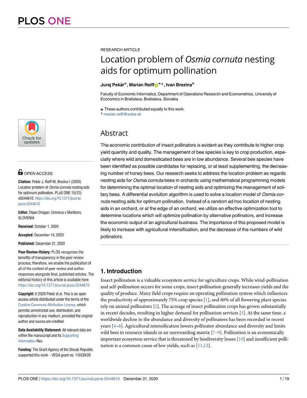 Location Problem of Osmia Cornuta Nesting Aids for Optimum Pollination