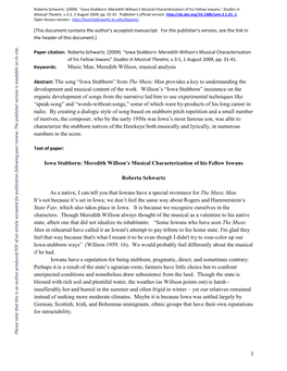 Music Man, Meredith Willson, Musical Analysis Abstract: the Song “Iowa