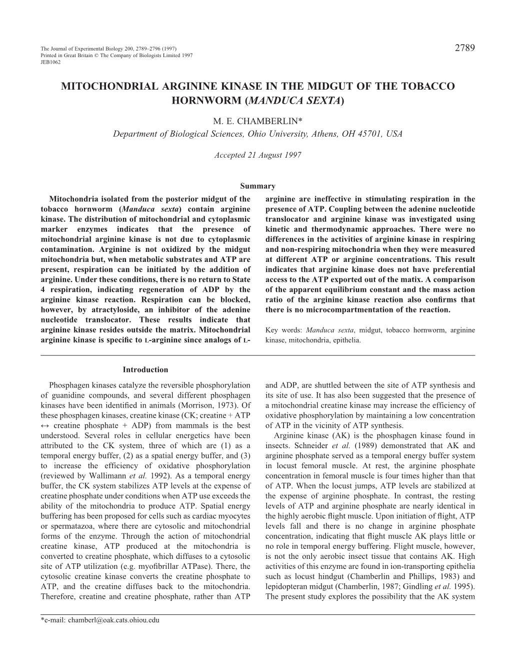 Mitochondrial Arginine Kinase in the Midgut of the Tobacco Hornworm (Manduca Sexta)