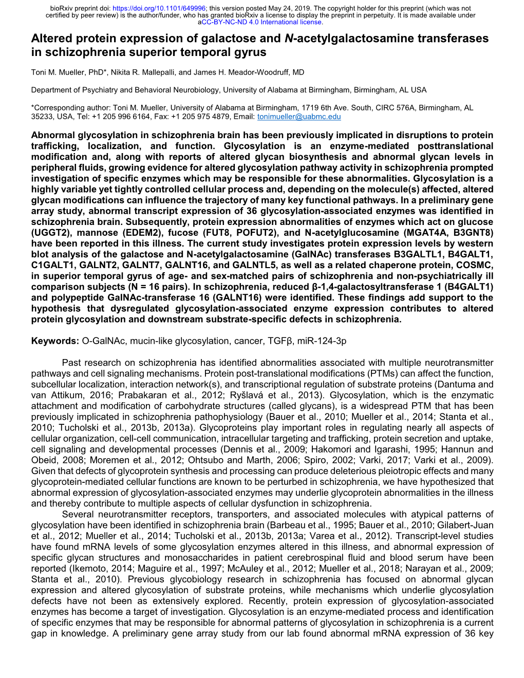 Altered Protein Expression of Galactose and N-Acetylgalactosamine Transferases in Schizophrenia Superior Temporal Gyrus