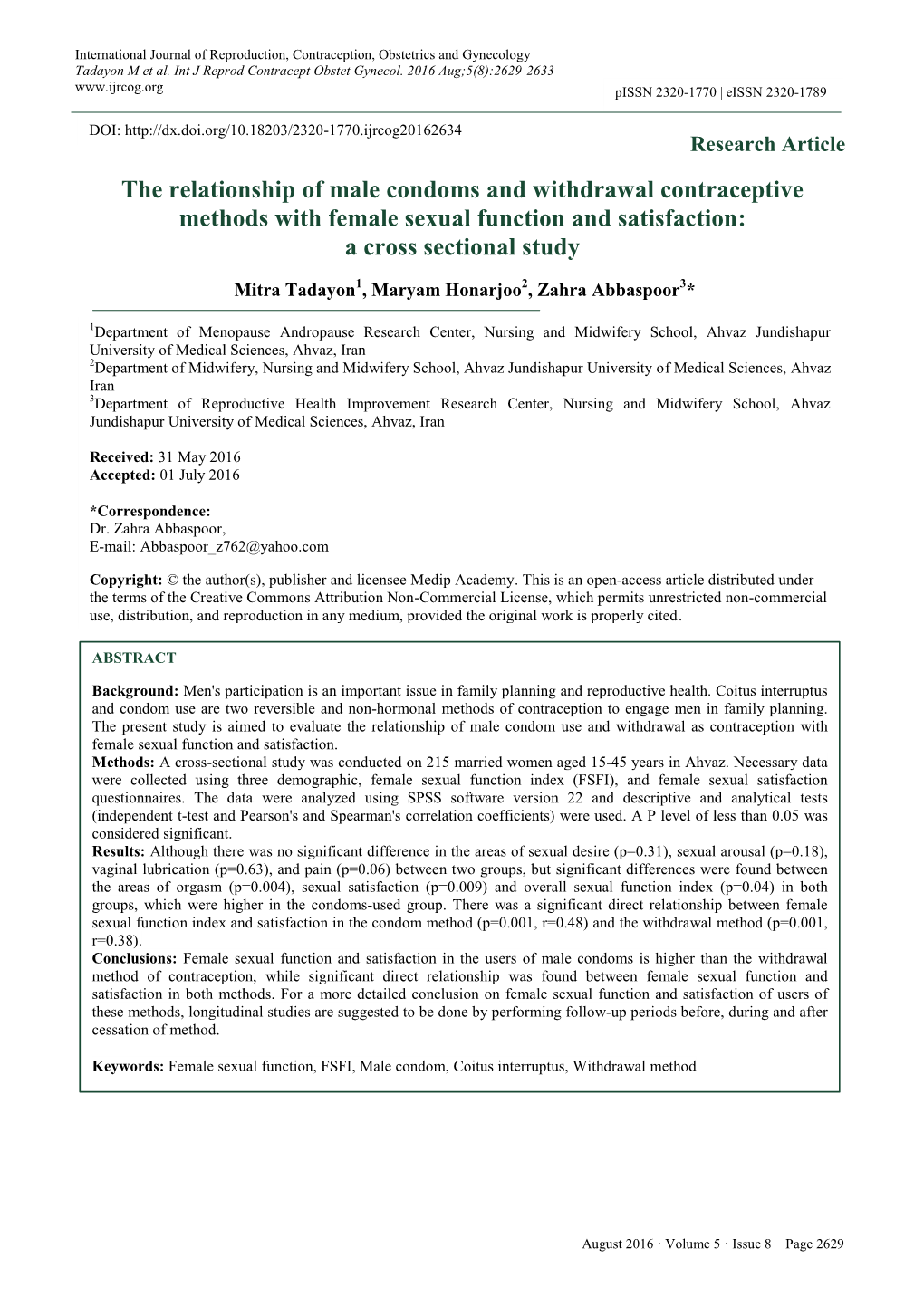 The Relationship of Male Condoms and Withdrawal Contraceptive Methods with Female Sexual Function and Satisfaction: a Cross Sectional Study