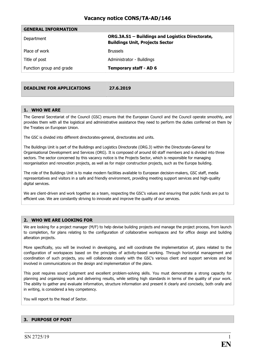 SN 2725/19 1 Vacancy Notice CONS/TA-AD/146