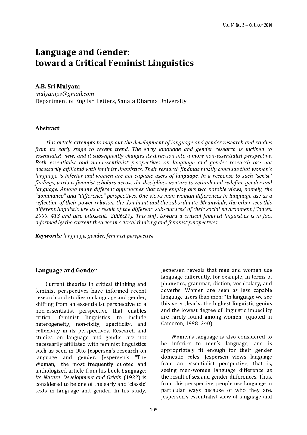 Language and Gender: Toward a Critical Feminist Linguistics