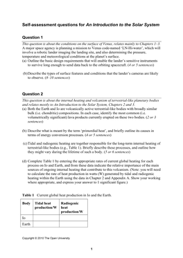 Self-Assessment Questions for an Introduction to the Solar System