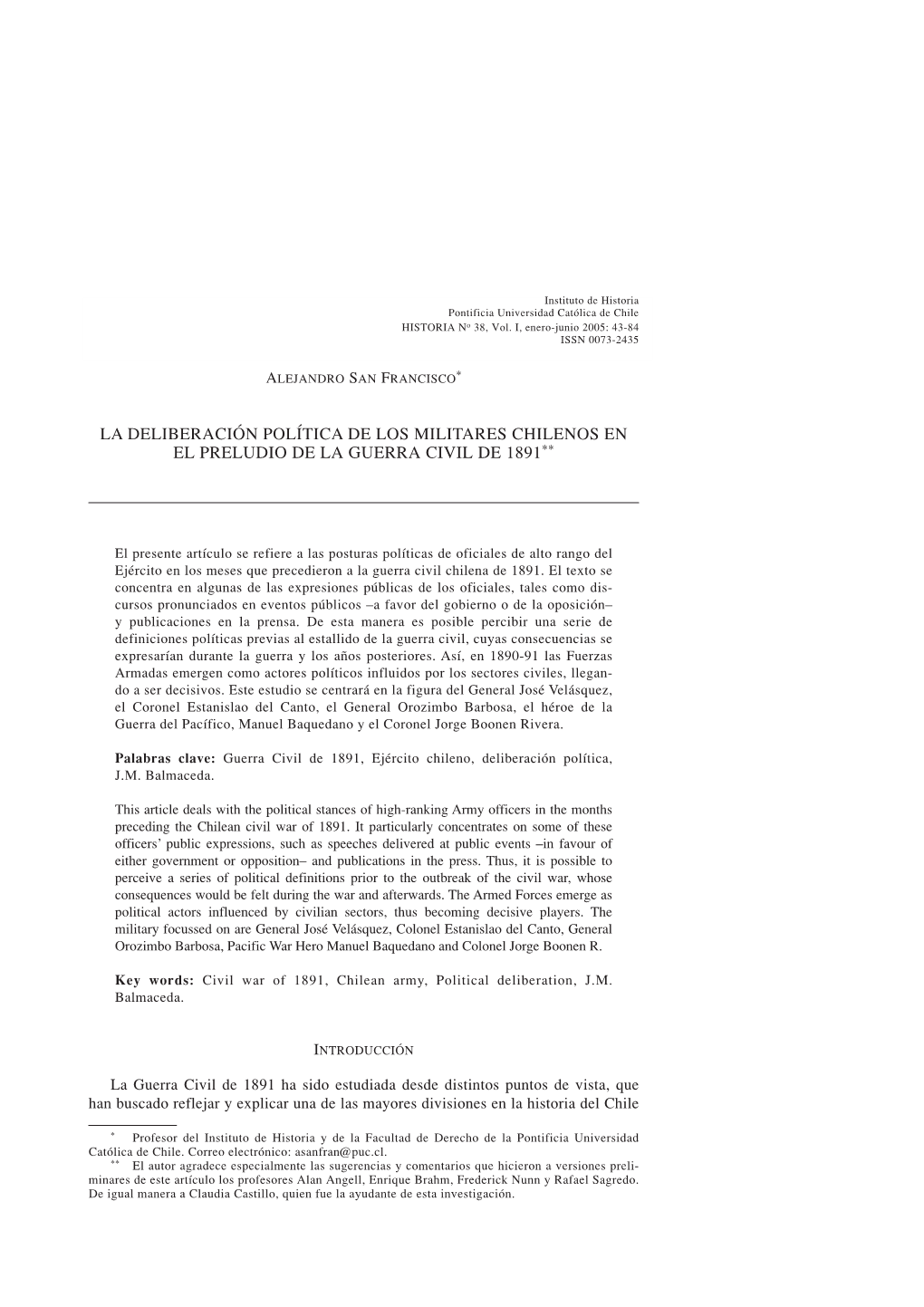 La Deliberación Política De Los Militares Chilenos En El Preludio De La Guerra Civil De 1891**