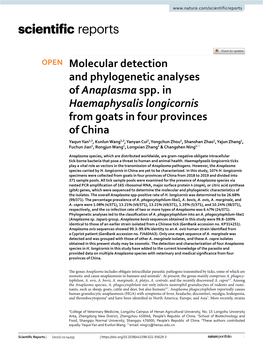Molecular Detection and Phylogenetic Analyses of Anaplasma Spp. in Haemaphysalis Longicornis from Goats in Four Provinces Of