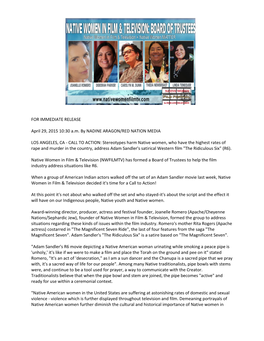 FOR IMMEDIATE RELEASE April 29, 2015 10:30 A.M. by NADINE ARAGON/RED NATION MEDIA LOS ANGELES, CA