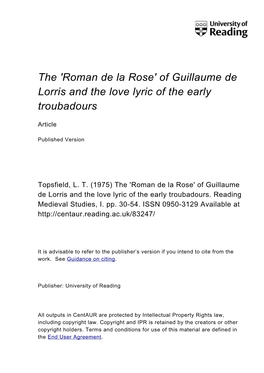 'Roman De La Rose' of Guillaume De Lorris and the Love Lyric of the Early Troubadours