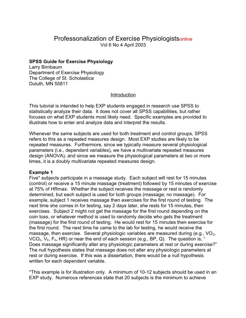 SPSS Guide for Exercise Physiology