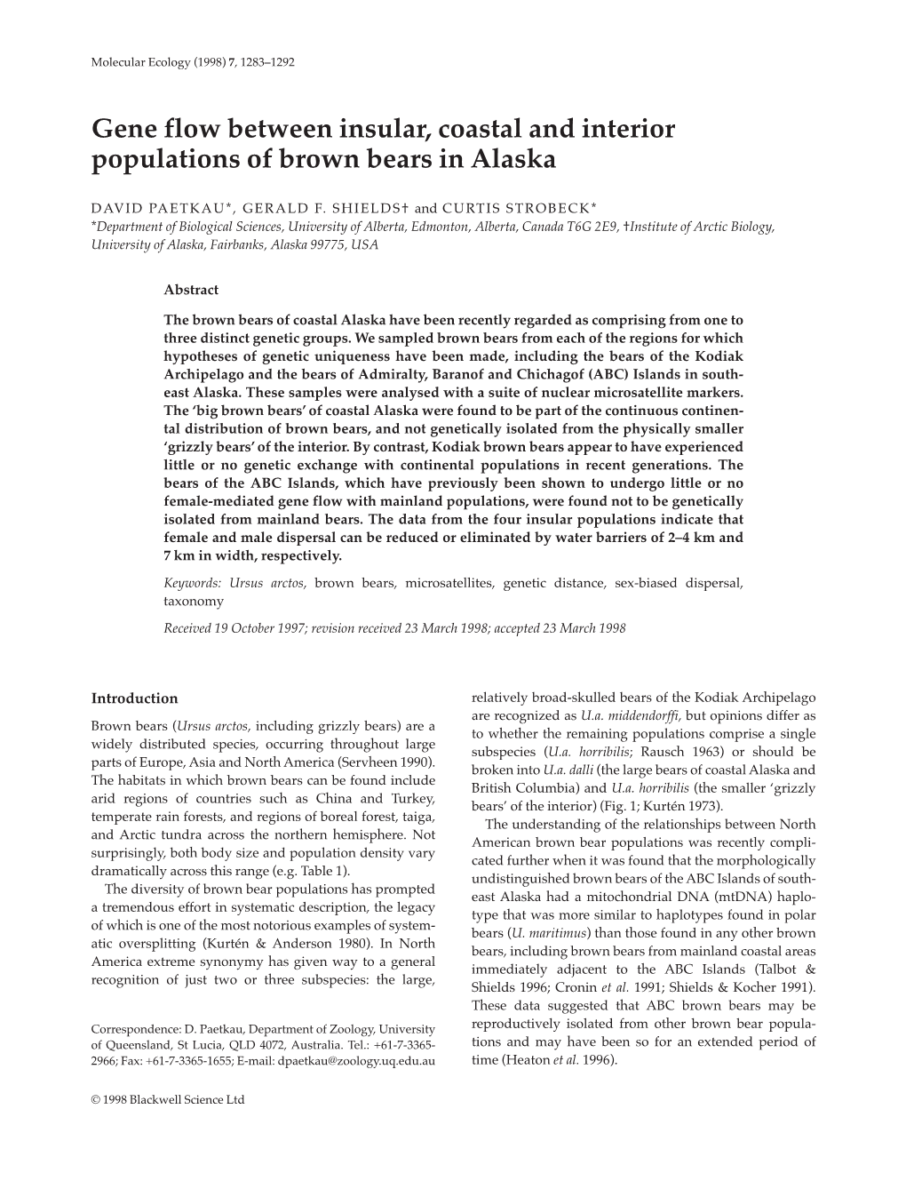 Gene Flow Between Insular, Coastal and Interior Populations of Brown Bears in Alaska