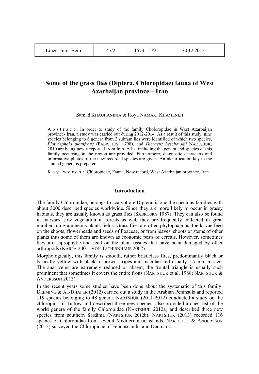 Diptera, Chloropidae) Fauna of West Azarbaijan Province – Iran