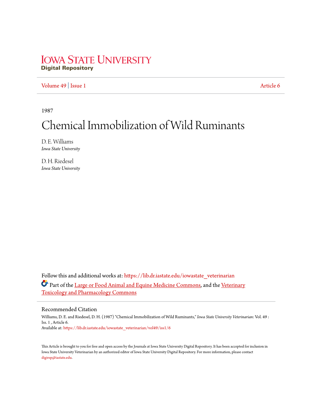 Chemical Immobilization of Wild Ruminants D