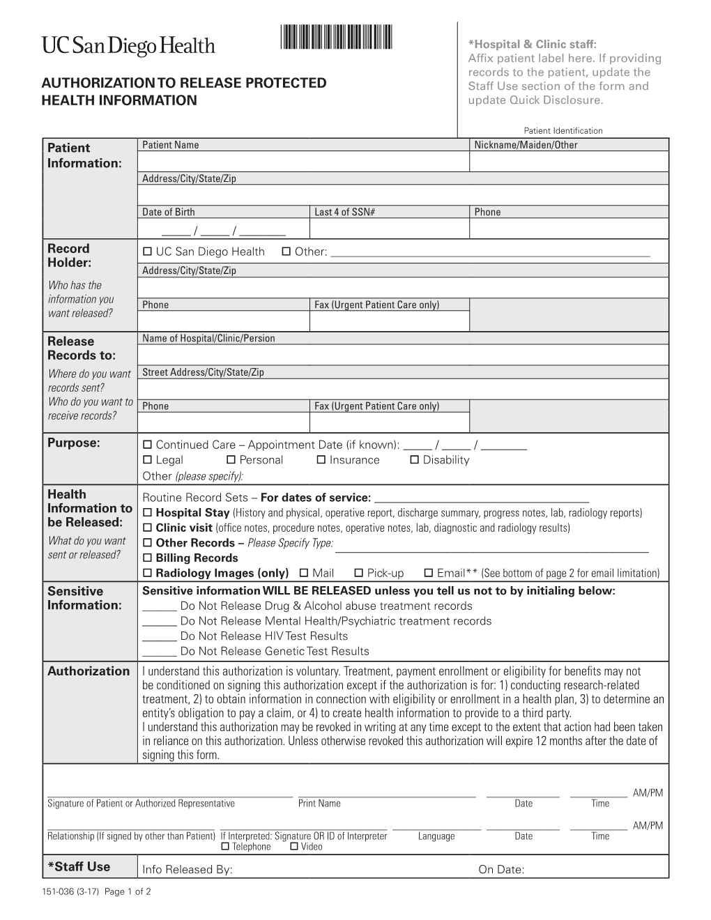 151-036* *Hospital & Clinic Staff: Affix Patient Label Here