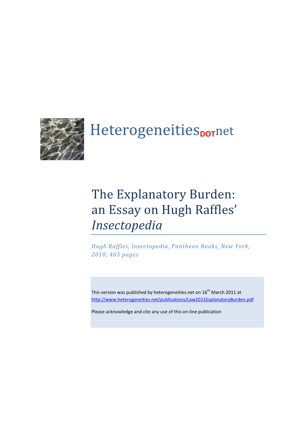 The Explanatory Burden: an Essay on Hugh Raffles’ Insectopedia