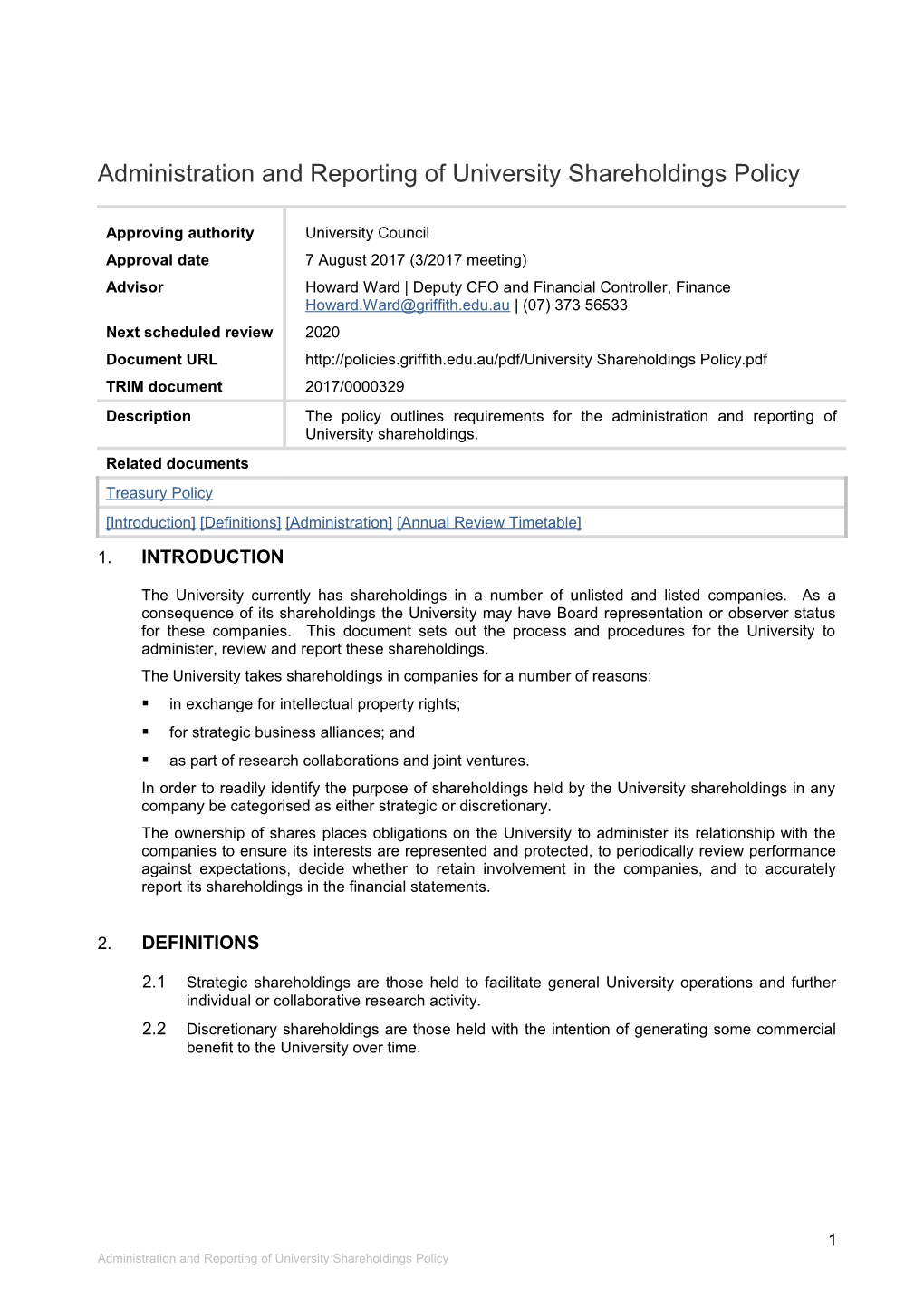 Administration and Reporting of University Shareholdings Policy