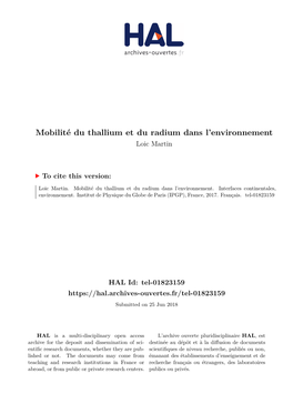 Mobilité Du Thallium Et Du Radium Dans L'environnement