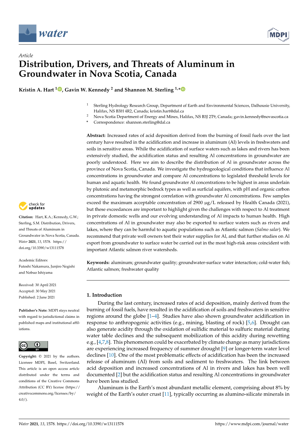 Distribution, Drivers, and Threats of Aluminum in Groundwater in Nova Scotia, Canada