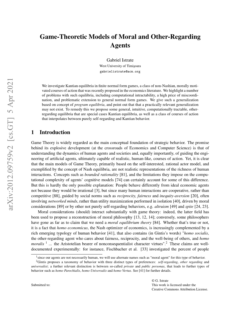 Arxiv:2012.09759V2 [Cs.GT] 5 Apr 2021 Xmlﬁdb H Ocp Fns Qiira R O Realis As Not Such Are Se Concepts Equilibria, the Nash on Interactions