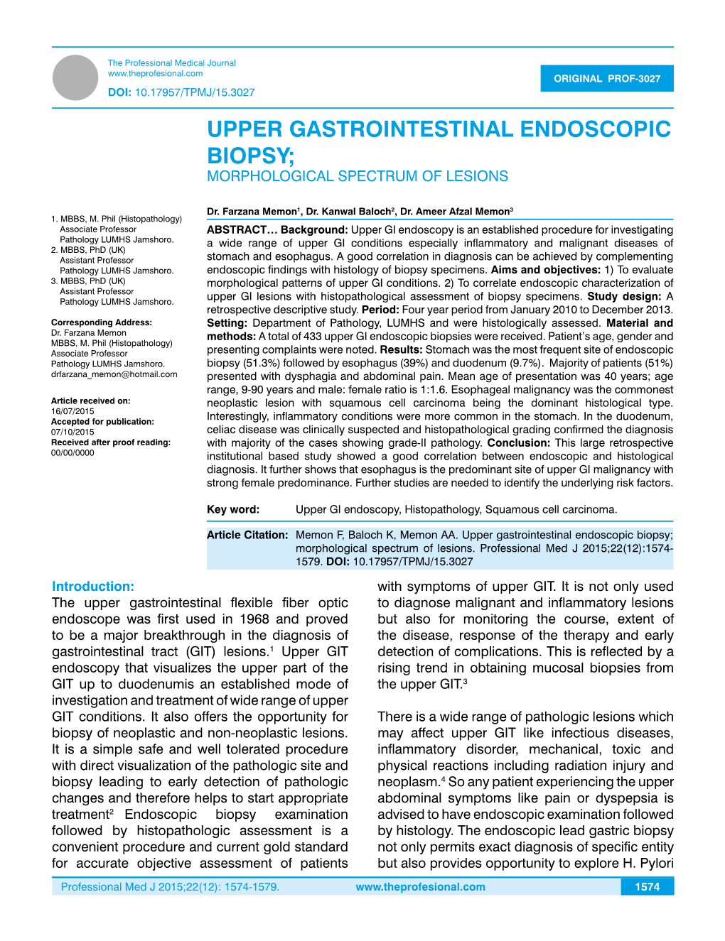 Upper Gastrointestinal Endoscopic Biopsy; Morphological Spectrum of