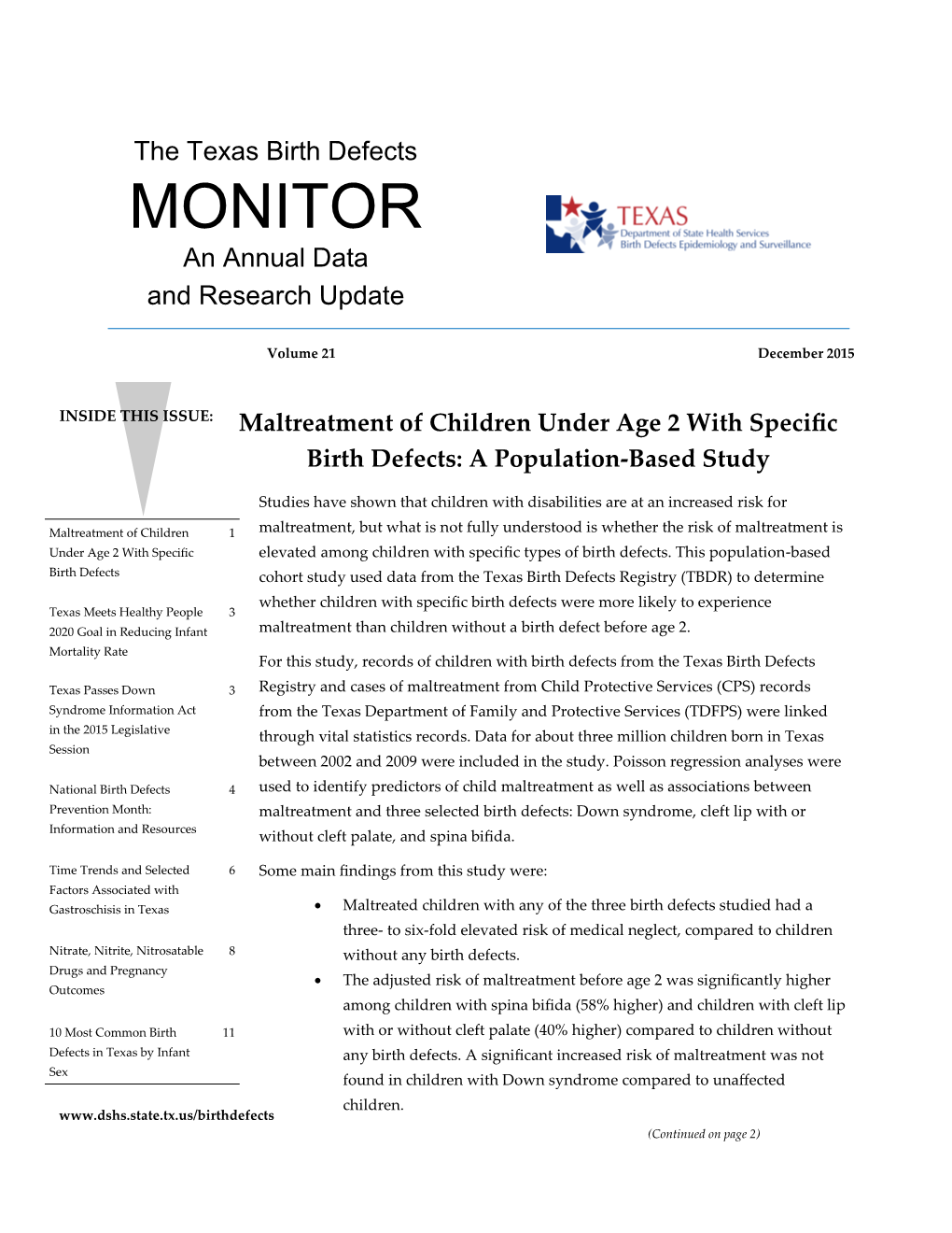 The Texas Birth Defects Monitor: an Annual Data and Research Update