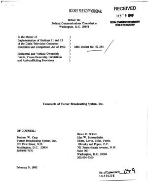 DOCKET FILE Copy ORIGINAL FEB - 9 1993' Before the Federal Communications Commission FE08W.Cciiulk:ATIOICCMIID Washington, D.C