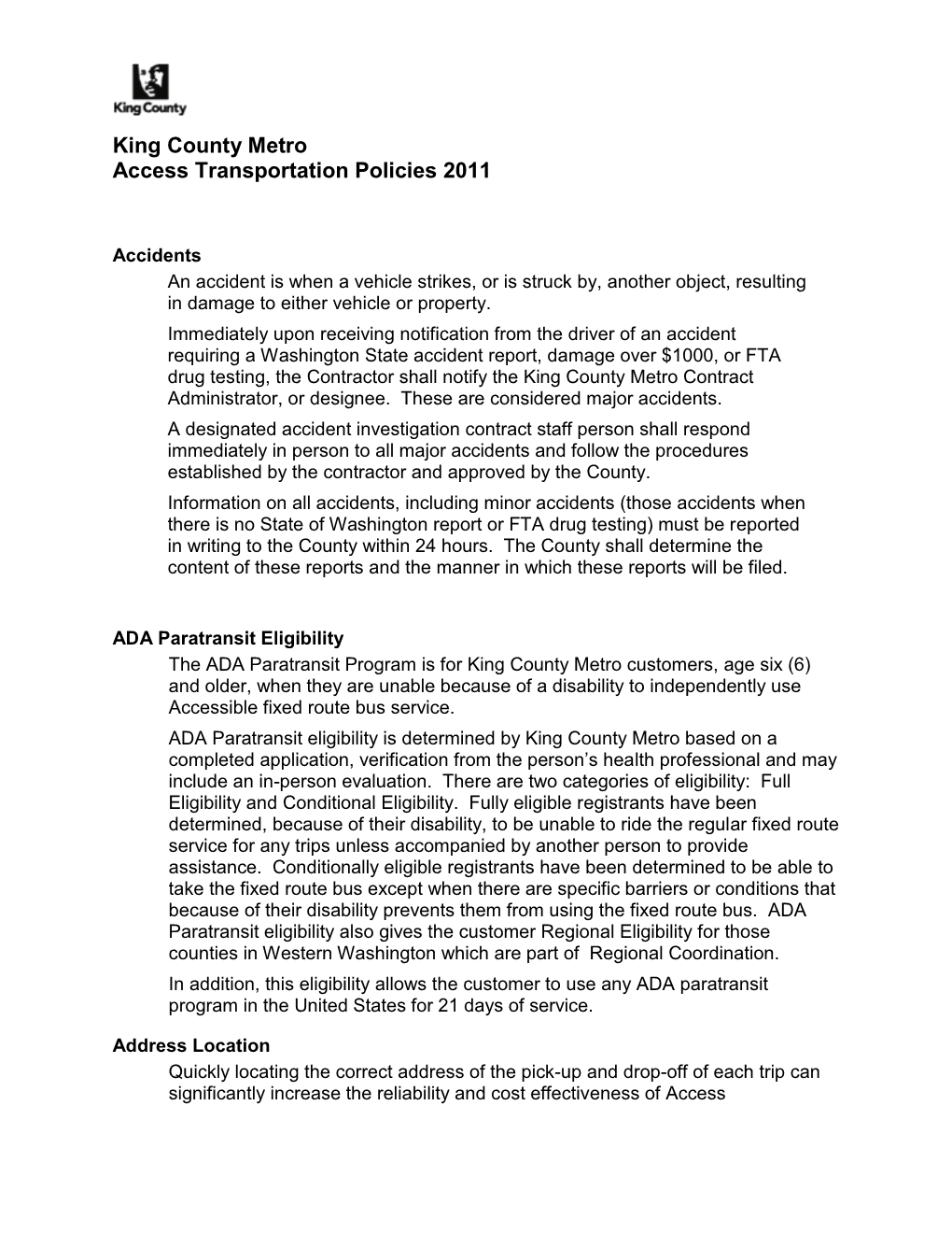 King County Metro Access Transportation Policies 2011