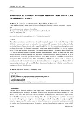 Biodiversity of Cultivable Molluscan Resources from Pulicat Lake, Southeast Coast of India