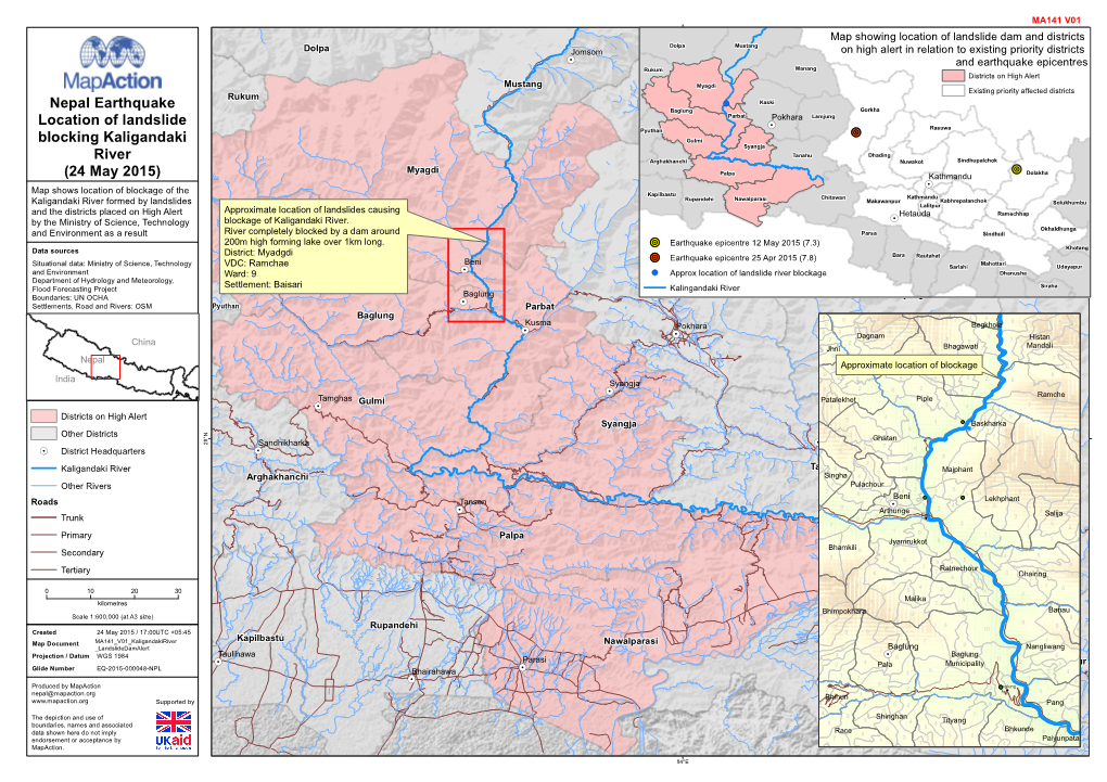 Nepal Earthquake Location of Landslide Blocking Kaligandaki River