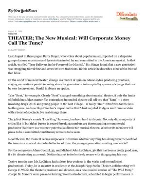 THEATER; the New Musical: Will Corporate Money Call the Tune?