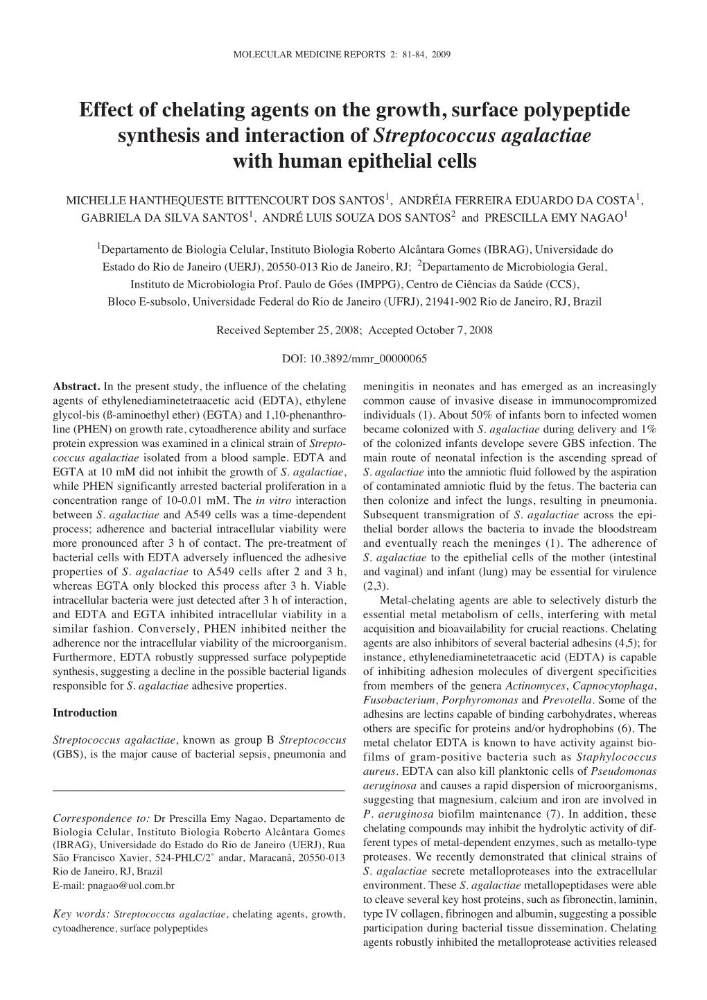 Effect of Chelating Agents on the Growth, Surface Polypeptide Synthesis and Interaction of Streptococcus Agalactiae with Human Epithelial Cells