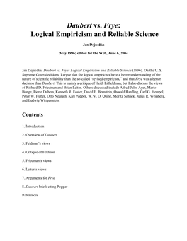 Daubert Vs. Frye: Logical Empiricism and Reliable Science