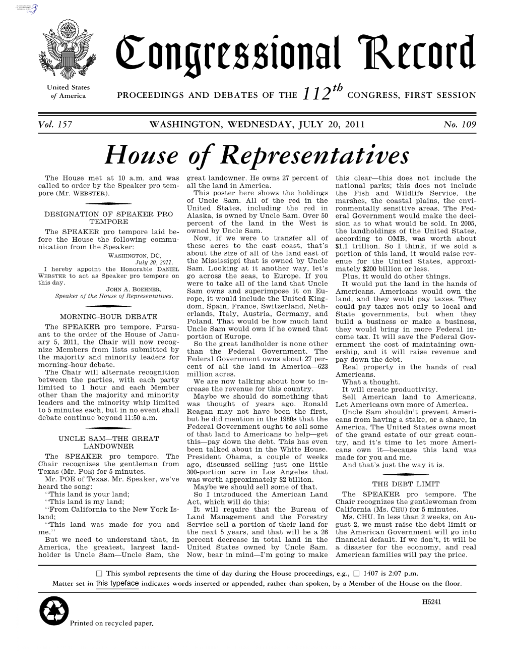 Congressional Record United States Th of America PROCEEDINGS and DEBATES of the 112 CONGRESS, FIRST SESSION