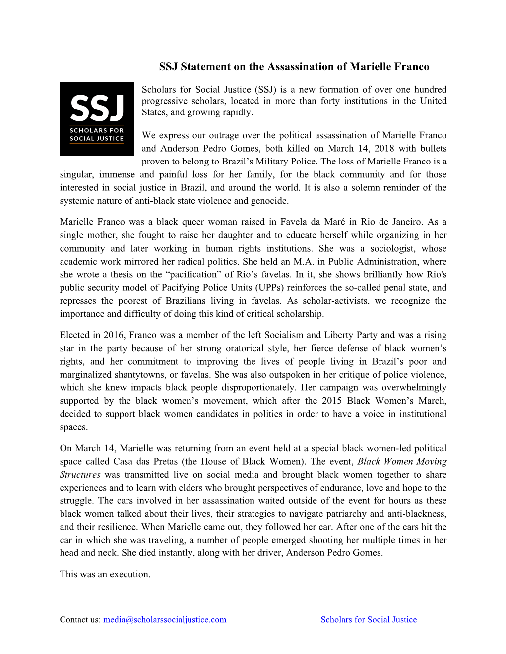 SSJ Statement on the Assassination of Marielle Franco