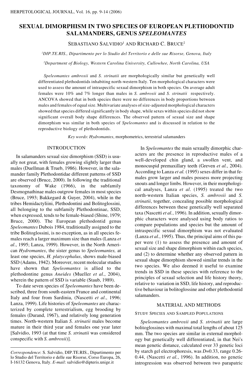 Sexual Dimorphism in Two Species of European Plethodontid Salamanders, Genus Speleomantes