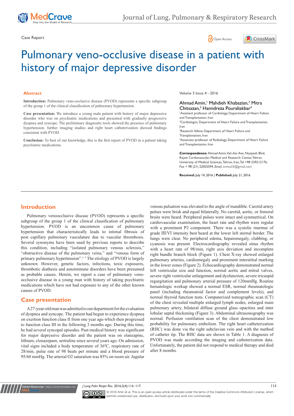 Pulmonary Veno-Occlusive Disease in a Patient with History of Major Depressive Disorder