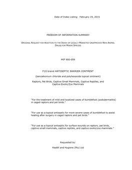 February 19, 2015 FREEDOM of INFORMATION SUMMARY MIF 900-009 F10 Brand ANTISEPTIC BARRIER OINTMENT